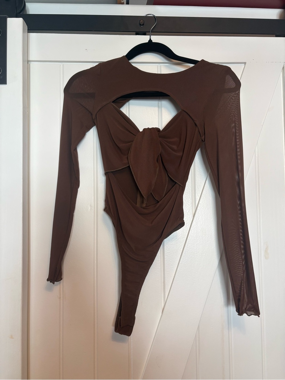 White Fox Boutique Brown Knot-Front Long Sleeve Bodysuit